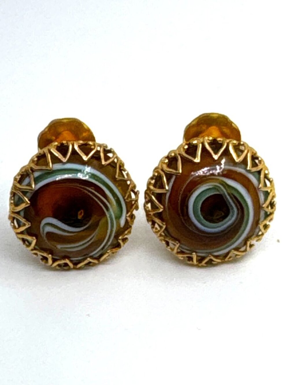 Vintage Miriam Haskell Art Glass Clip-On Earrings Gold Tone Filigree Collectible